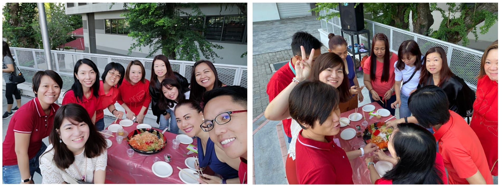 Two group photos of smiling people in red shirts gathered around outdoor tables with food and chopsticks.
